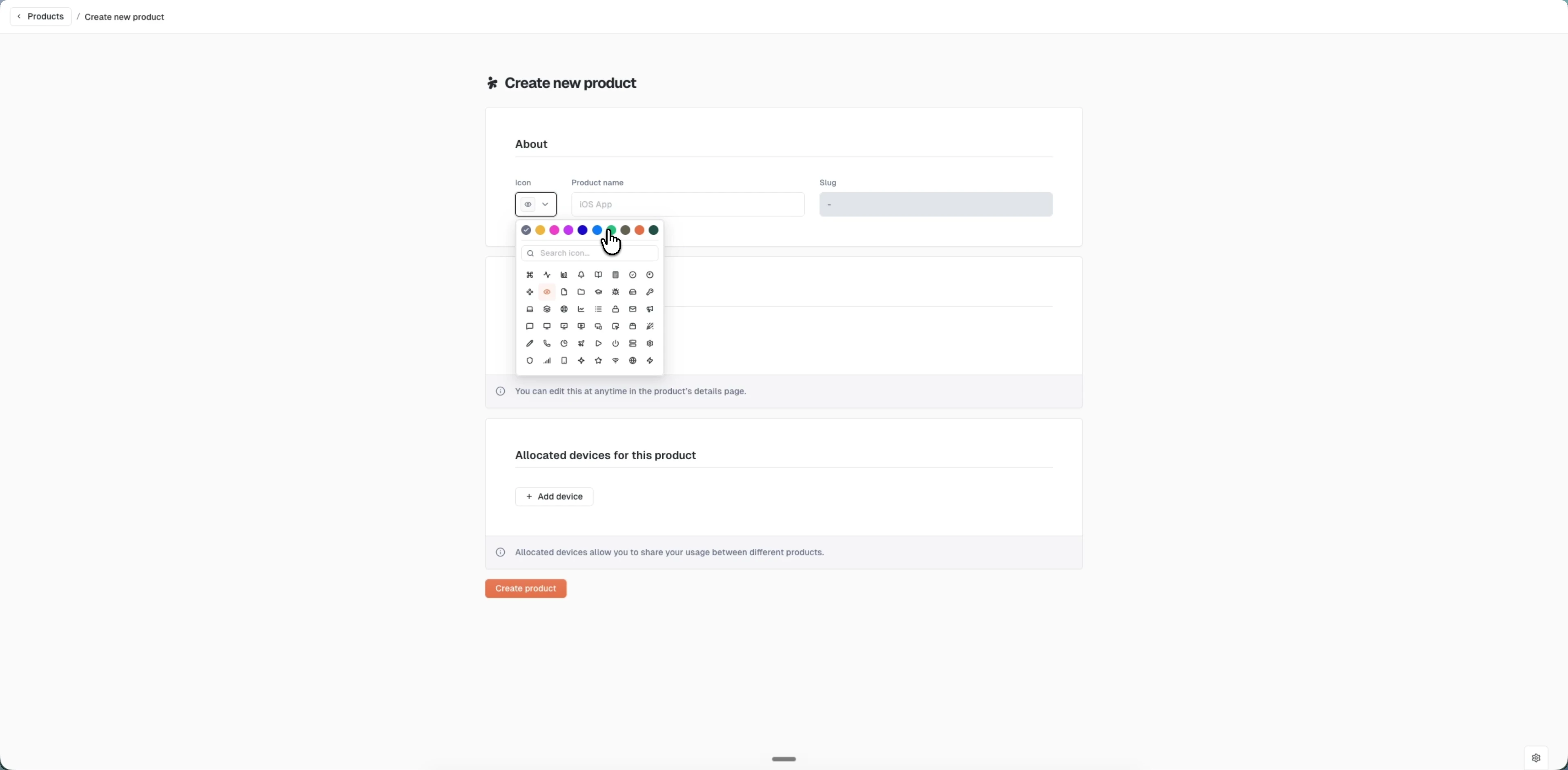 The Create new product form with the icon picker open, showing the color palette, icon set, product name, and auto-generated slug