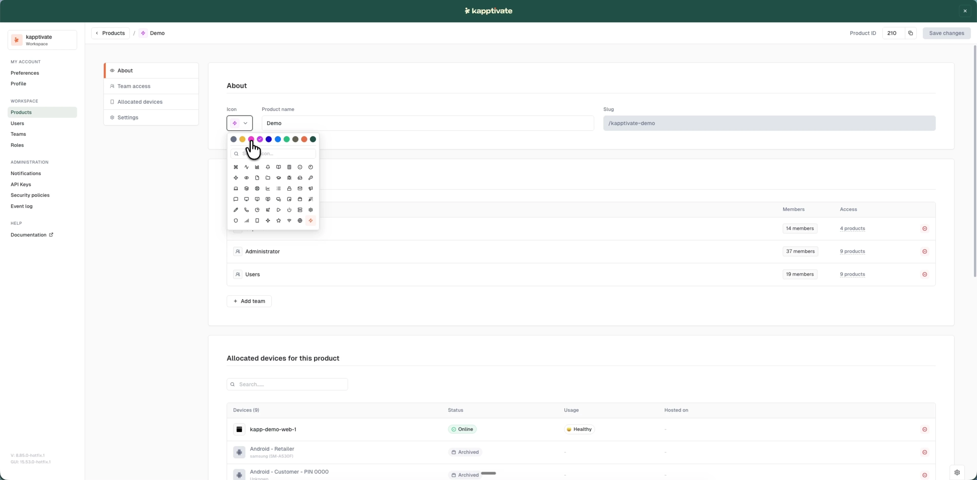 The product edit page on the About tab, with the icon picker open showing the color palette and icon set