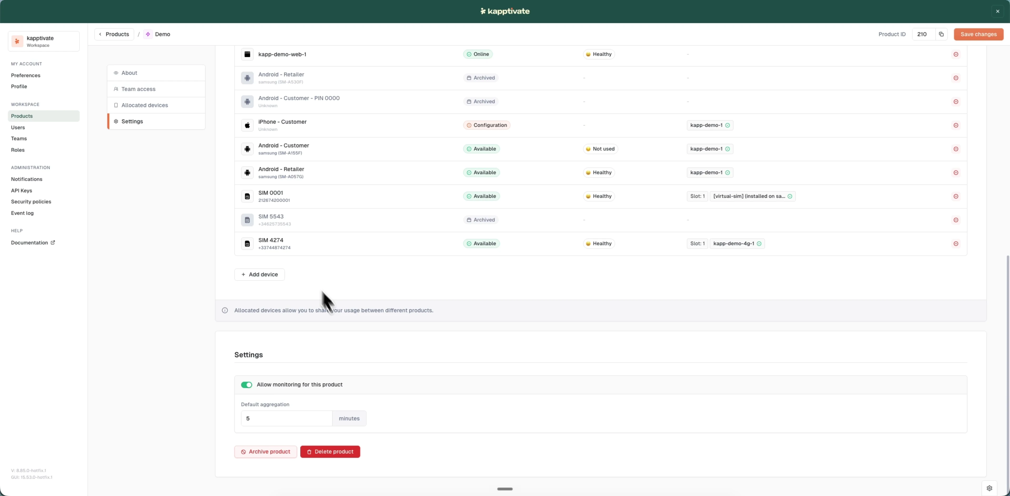 The product Settings tab with the Allow monitoring toggle enabled and a Default aggregation interval set to 5 minutes