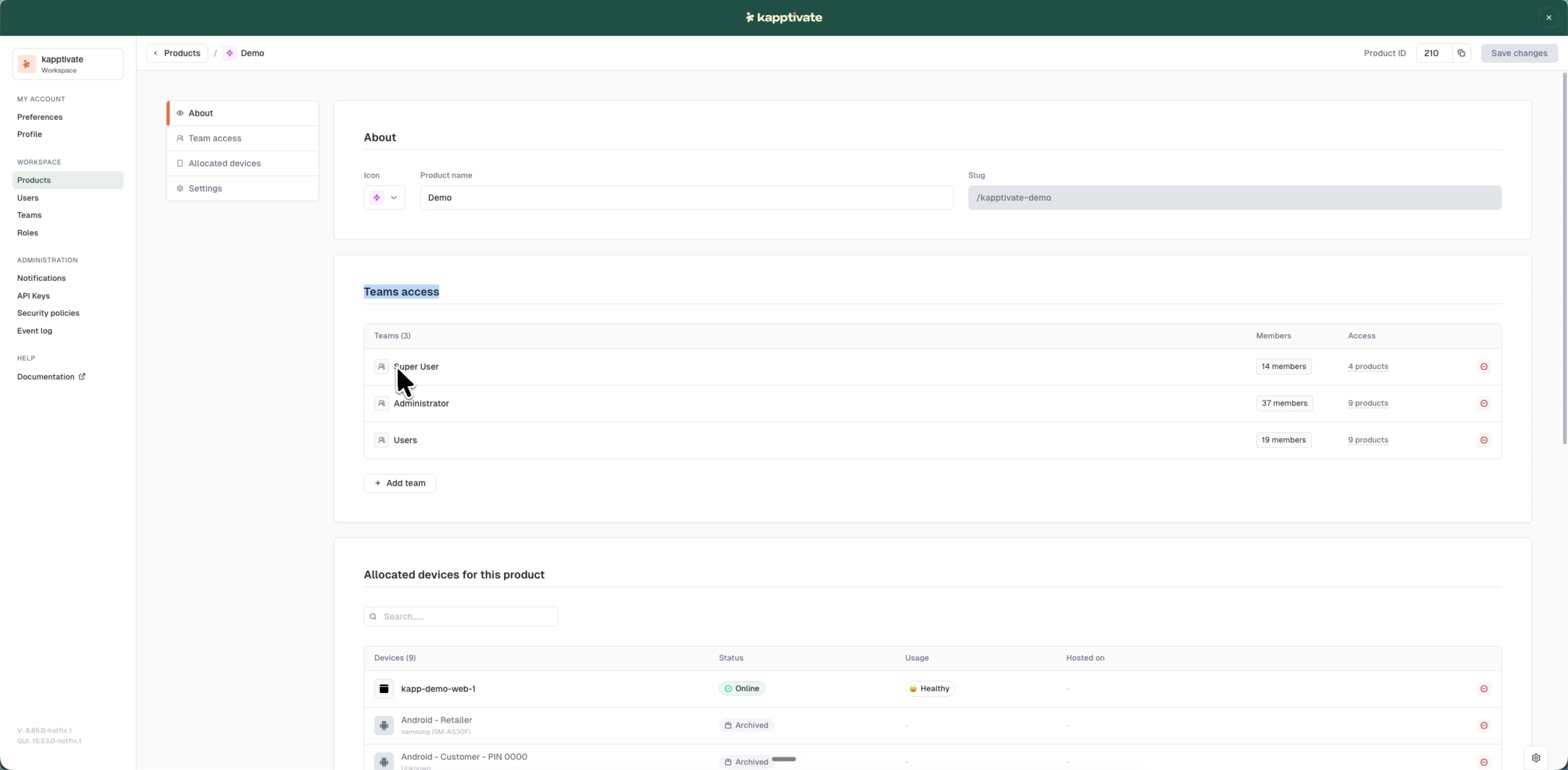 The Team access section of a product, listing the teams with access along with their member counts and the Add team button