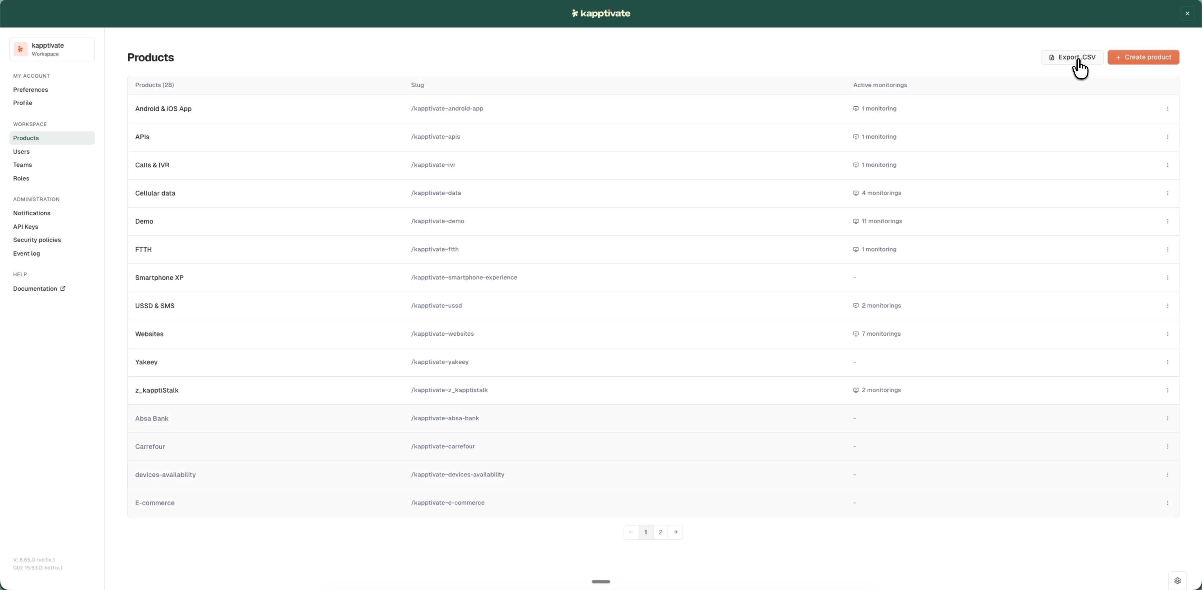 The Products list with name, slug, and active monitoring columns, plus the Export .CSV button in the top right