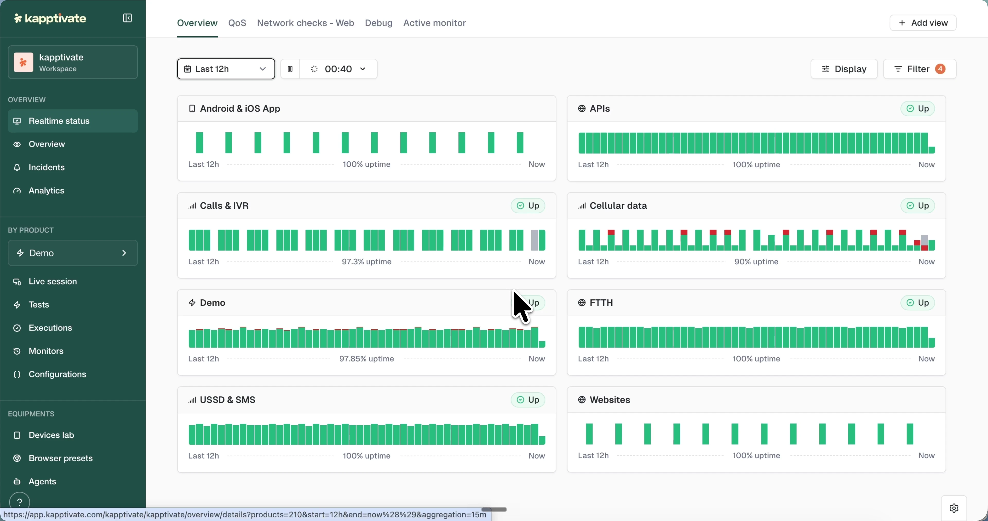 The Realtime status page in card layout, showing one card per product with an uptime bar chart, uptime percentage, and Up status badge over the last 12 hours