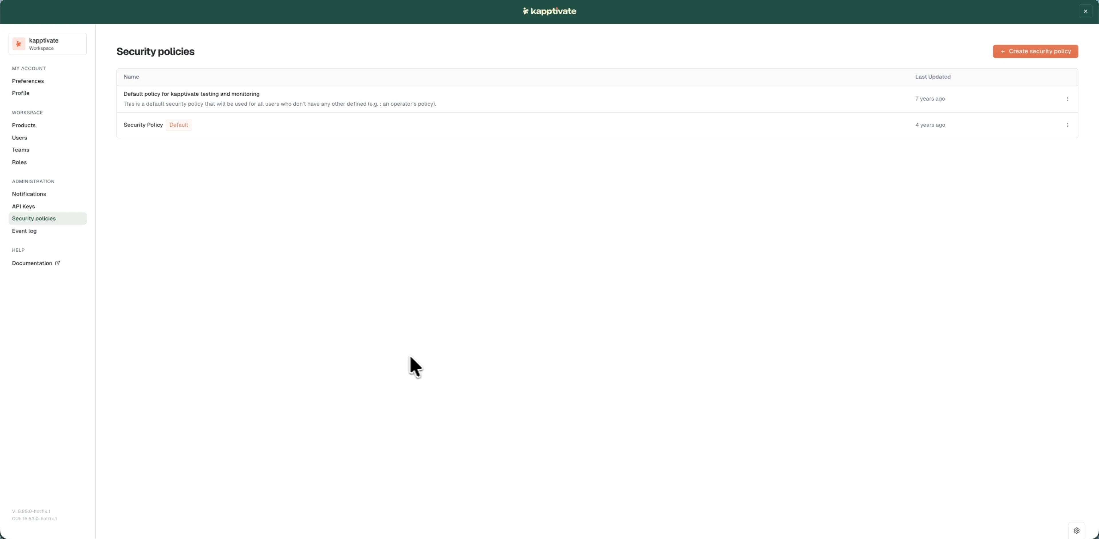 The security policies list with the Default badge and Last Updated column