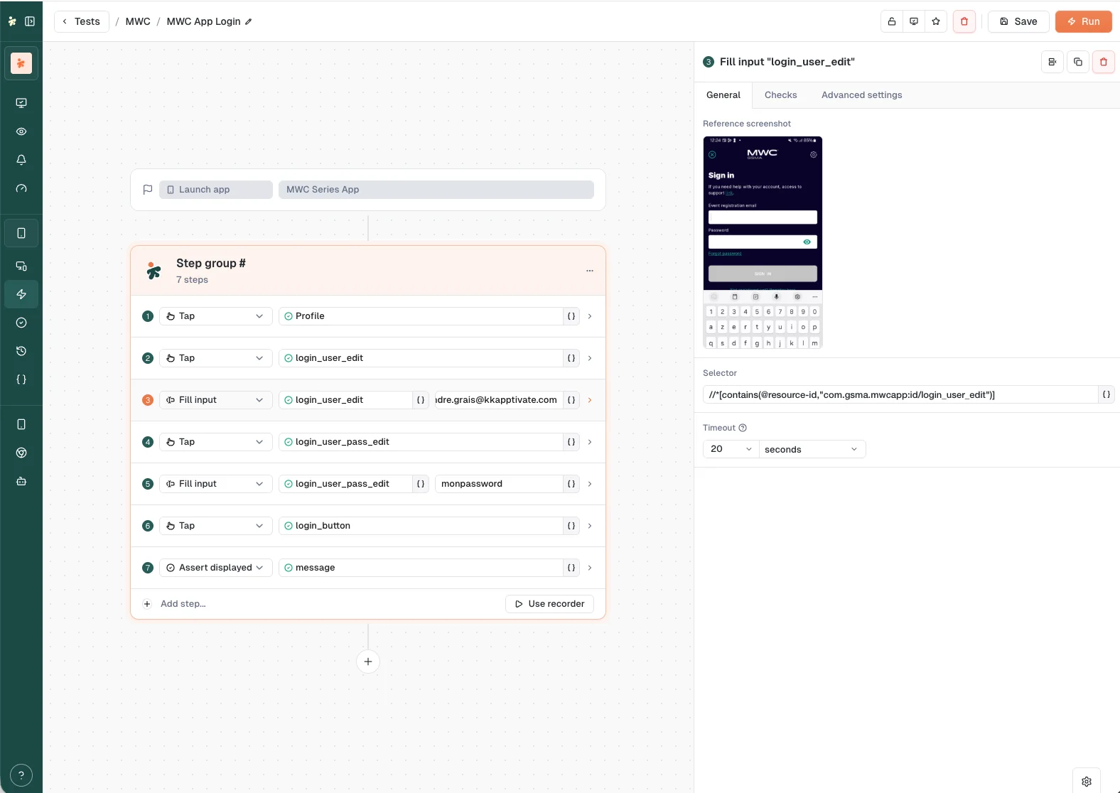 The smartphone test builder: a Launch app action followed by a step group of tap, fill-input, and assert-displayed steps, with a reference screenshot and element selector for the selected step