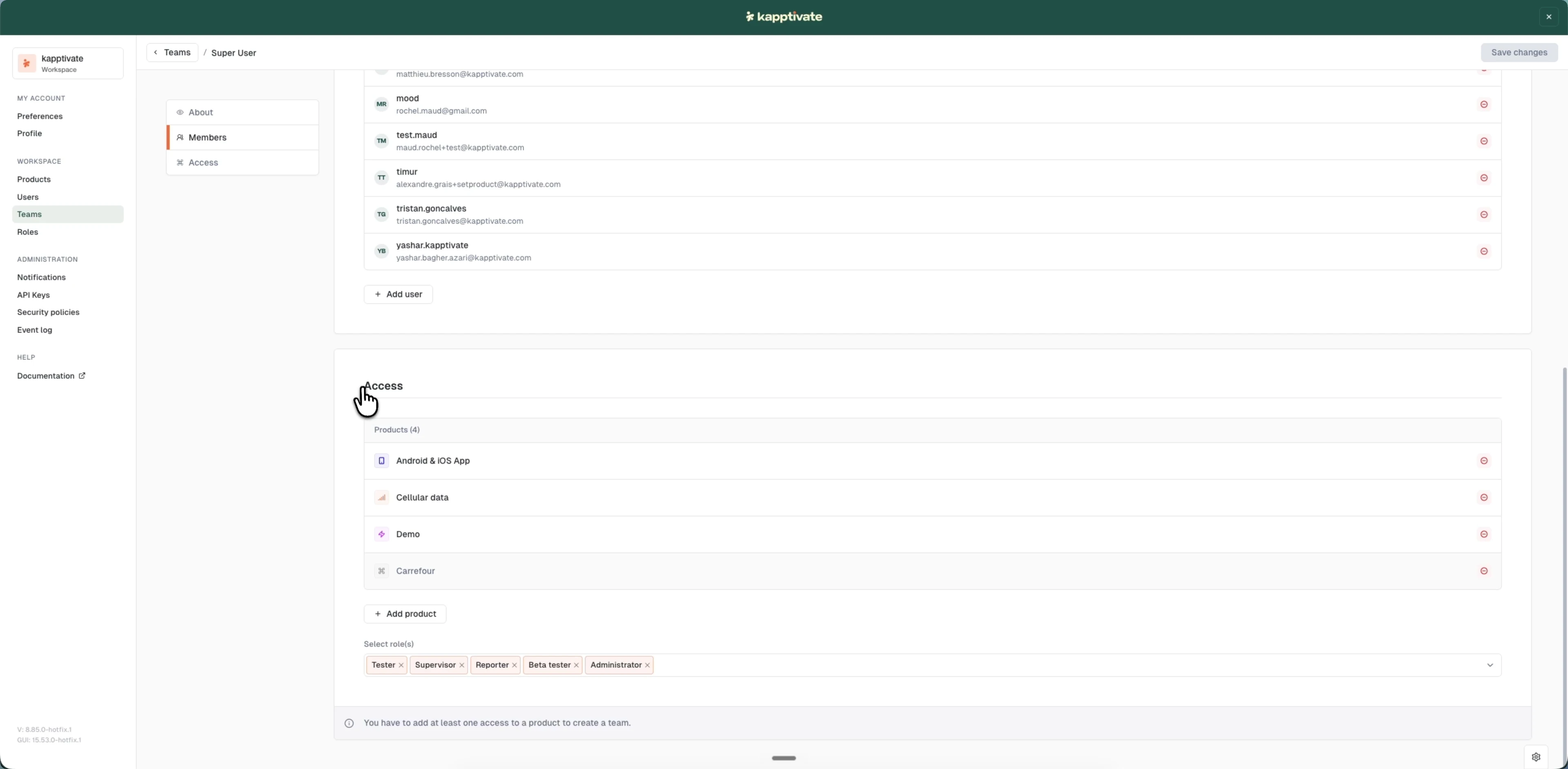 The Access section of a team listing its products with an Add product button, and a Select role(s) field holding the roles that apply across those products
