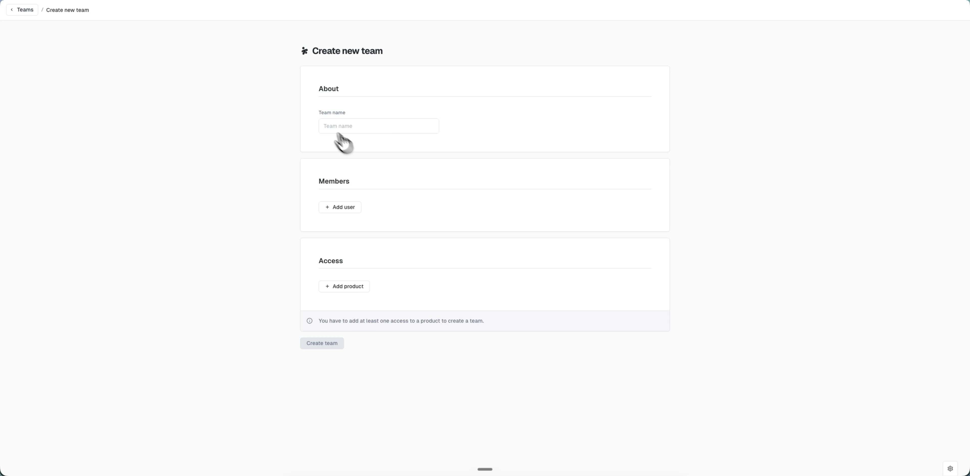 The Create new team form with About, Members, and Access sections and a Create team button