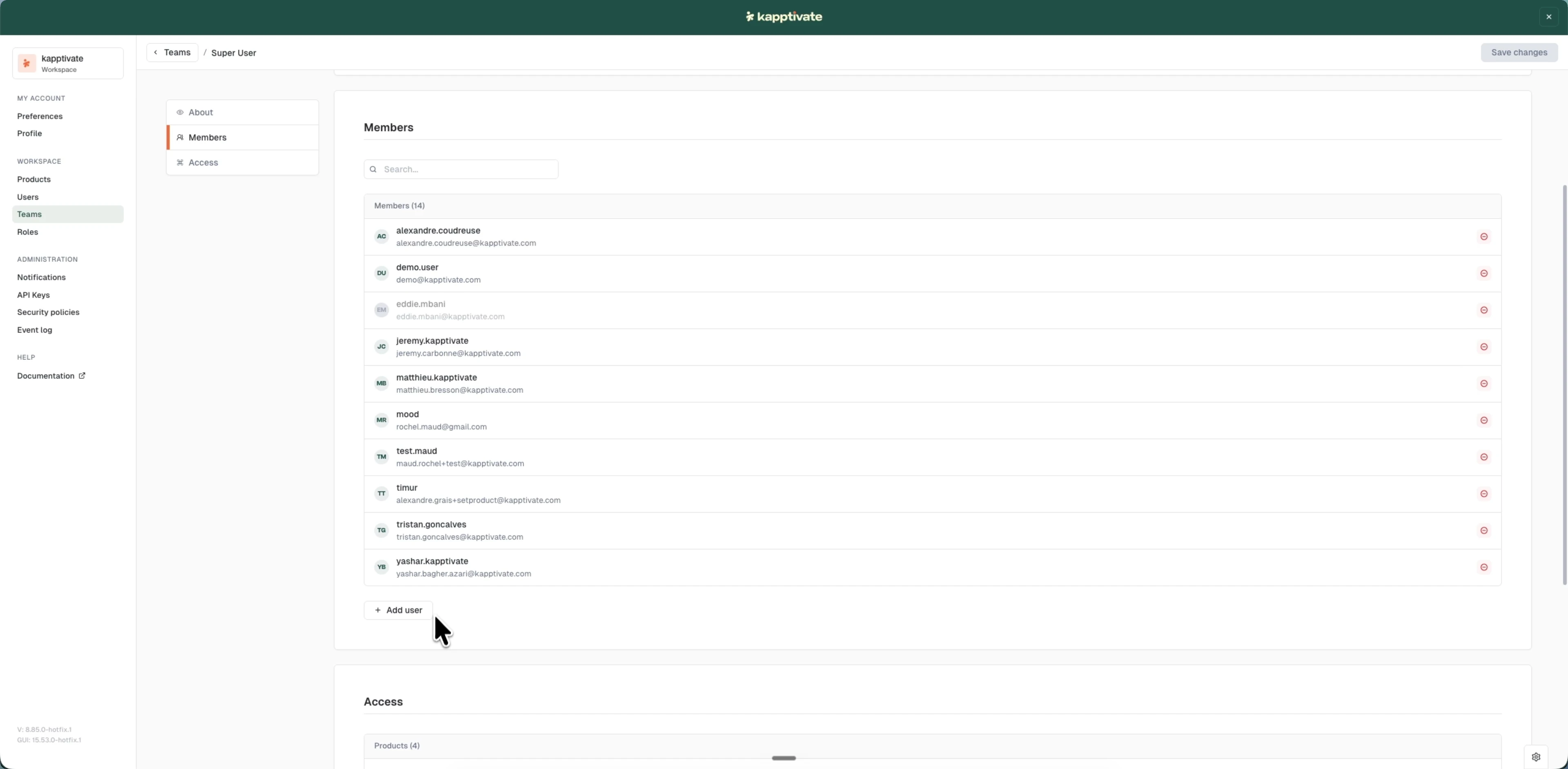 A team's edit page on the Members tab, with the About, Members, and Access navigation, the member list with remove buttons, and an Add user button