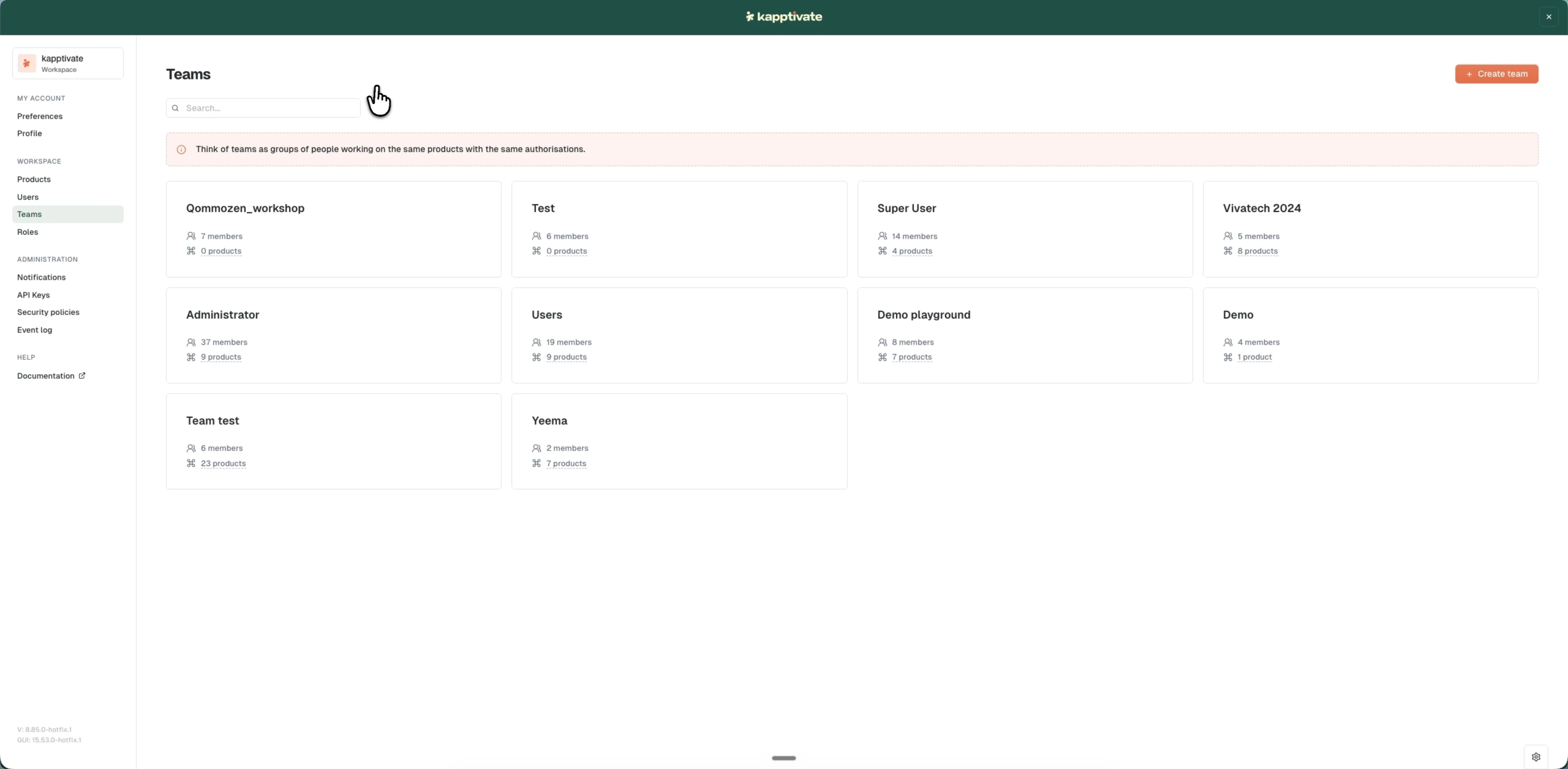 The Teams admin list showing each team as a card with its name, member count, and number of assigned products, with a search box and a Create team button