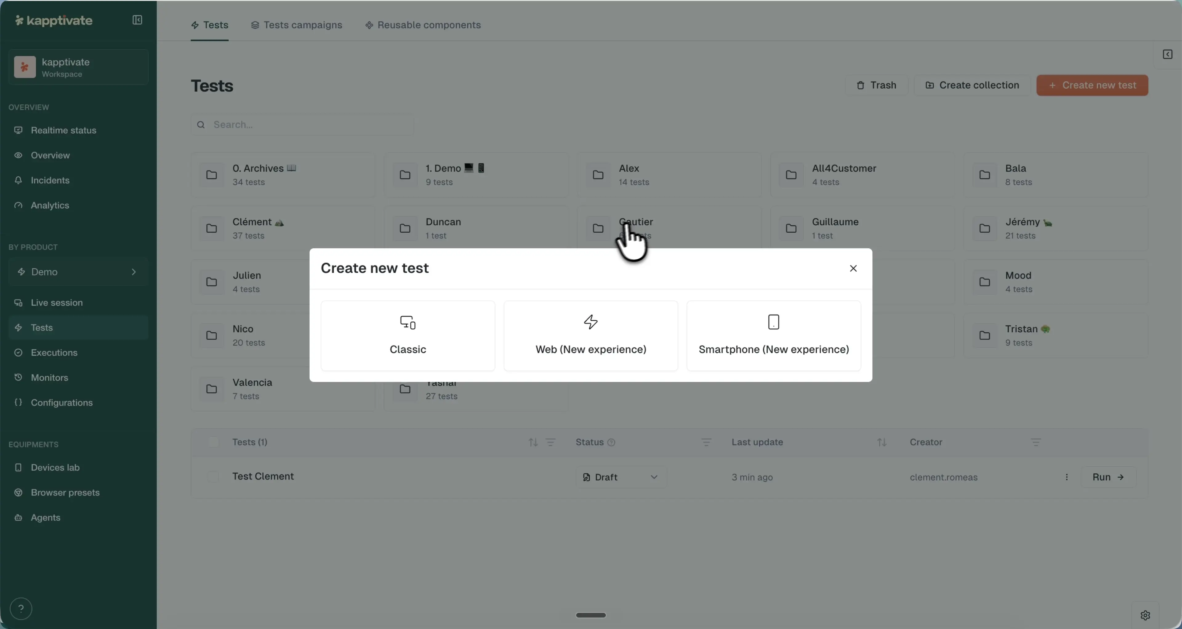 The Create new test modal with the Classic, Web (New experience), and Smartphone (New experience) choices