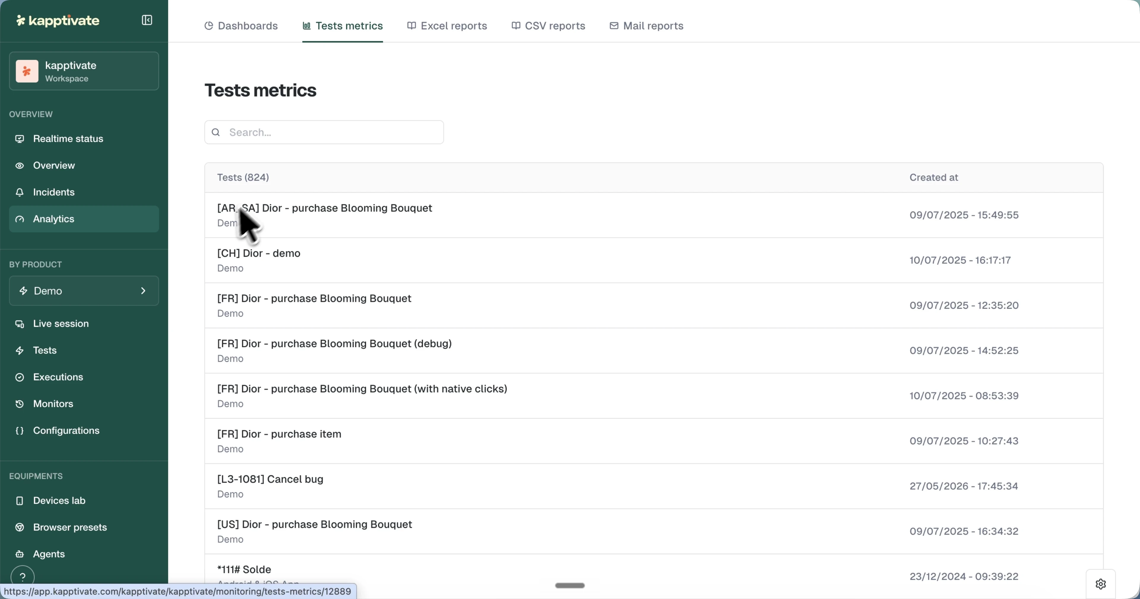 The Tests metrics tab listing every monitored test with its creation date