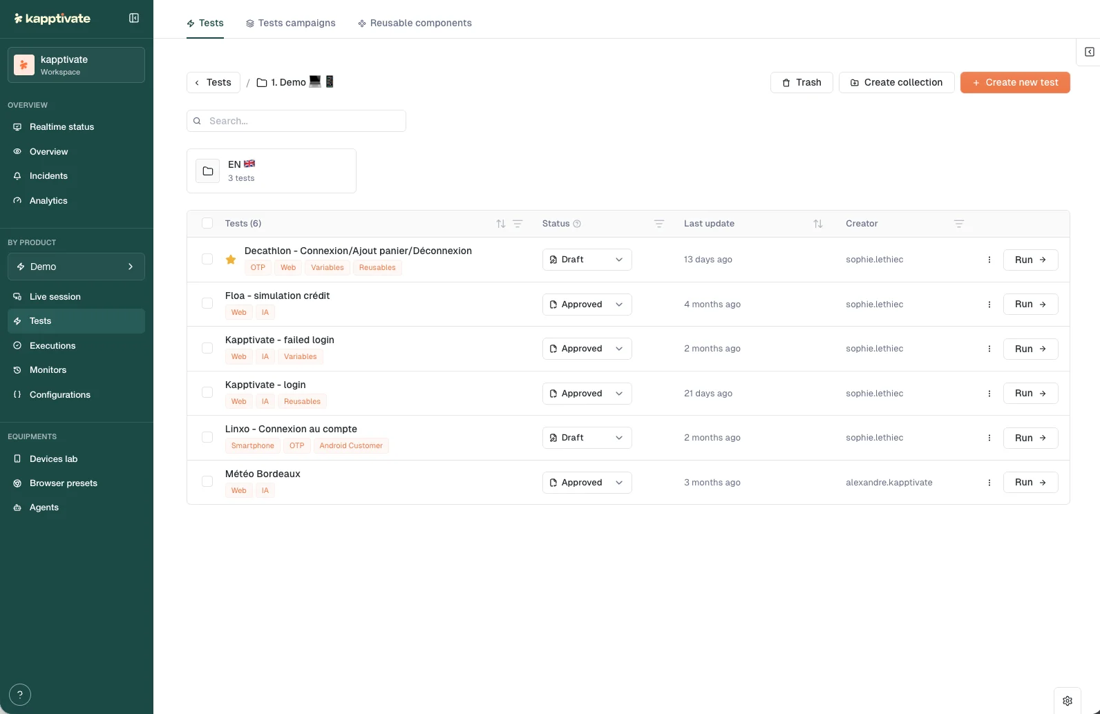 The Tests overview: a collection of tests in a table with name, tags, status, last update, and creator columns, plus a per-test Run button and Create new test action