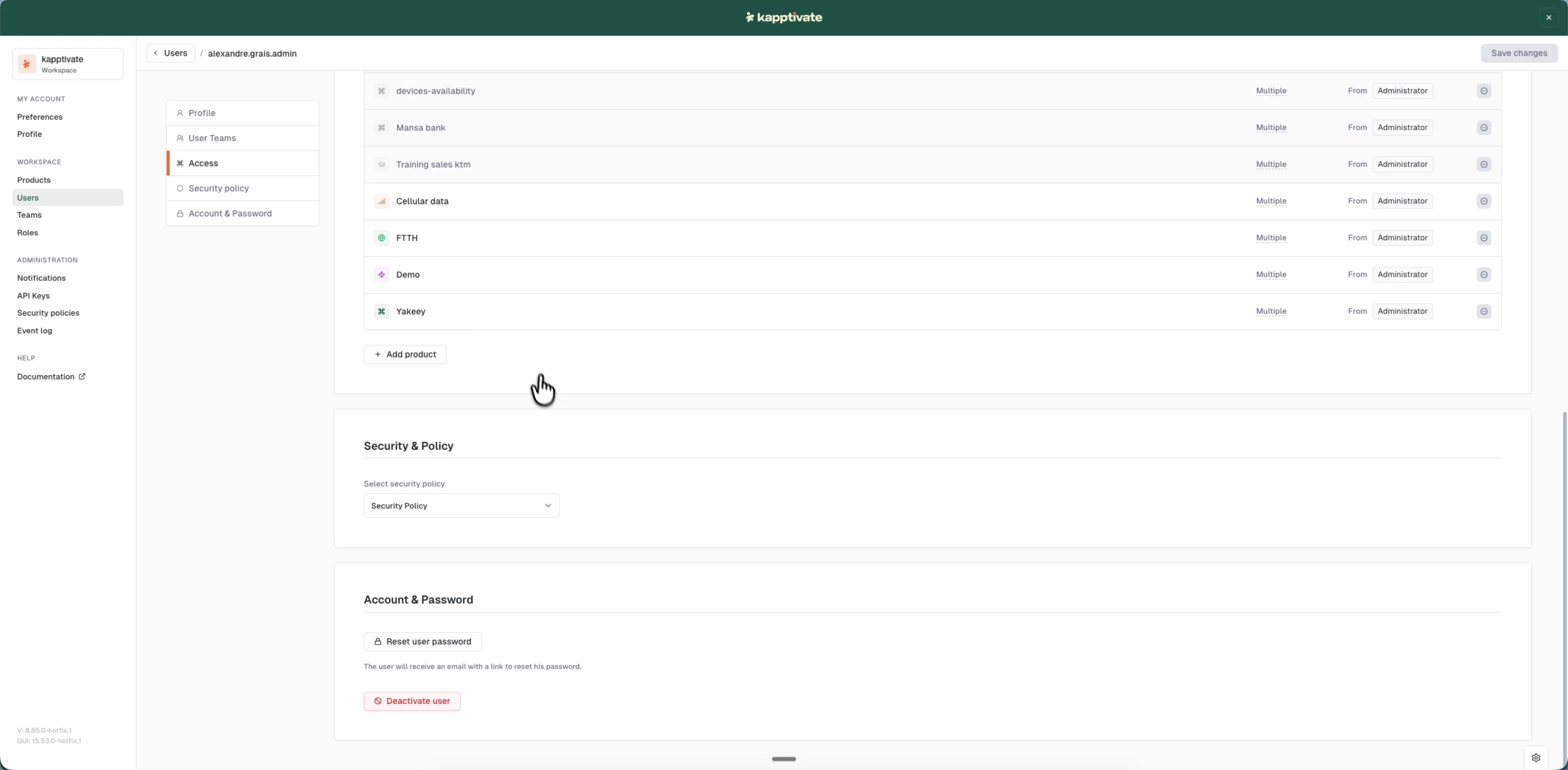 The Access tab of a user, listing each product with its role and an access source of either Multiple or From a team