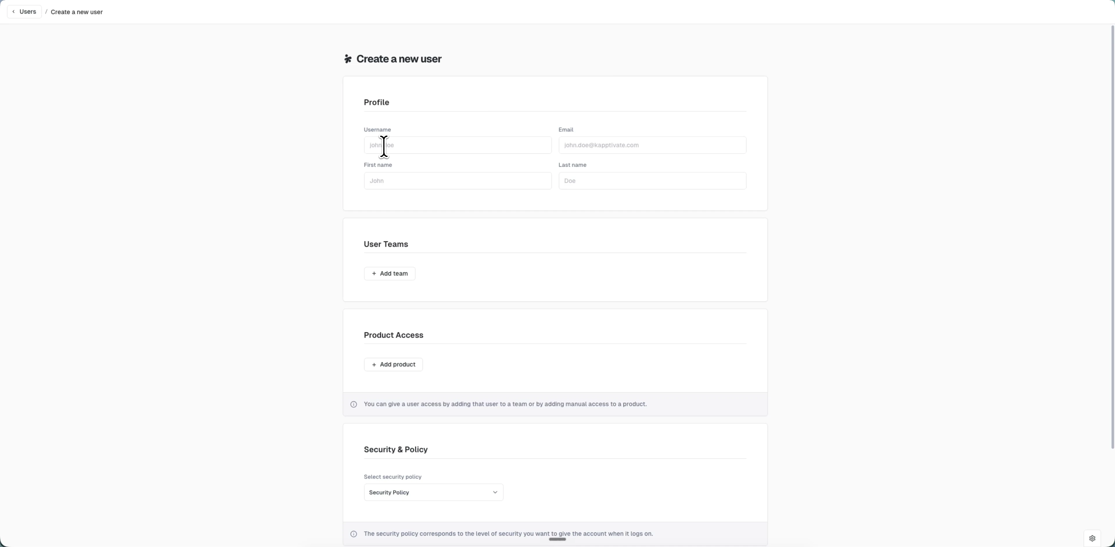 The Create a new user form with its Profile, User Teams, Product Access, and Security & Policy sections