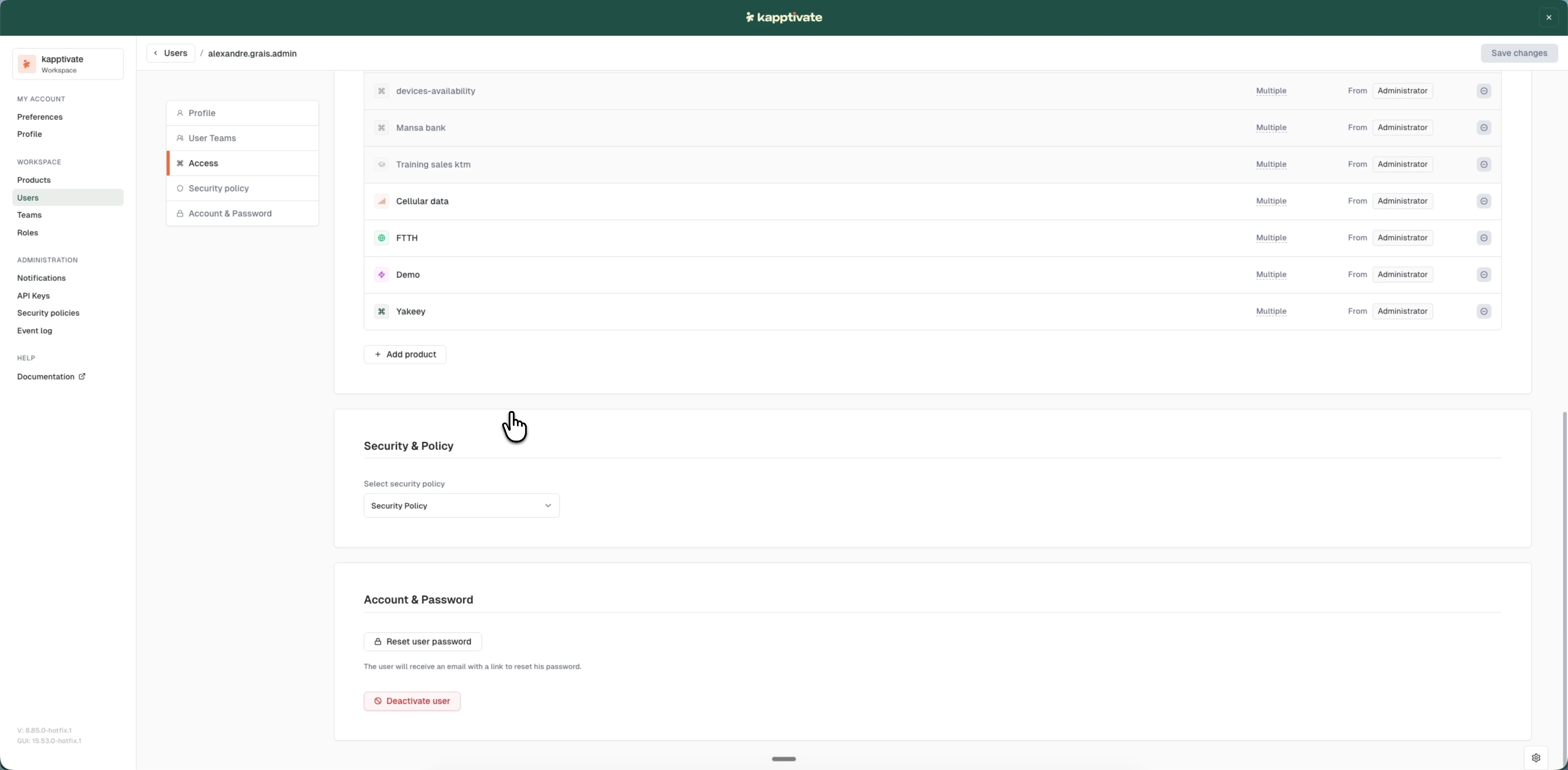 The user edit page on the Access tab, with a left-hand menu for Profile, User Teams, Access, Security policy, and Account & Password