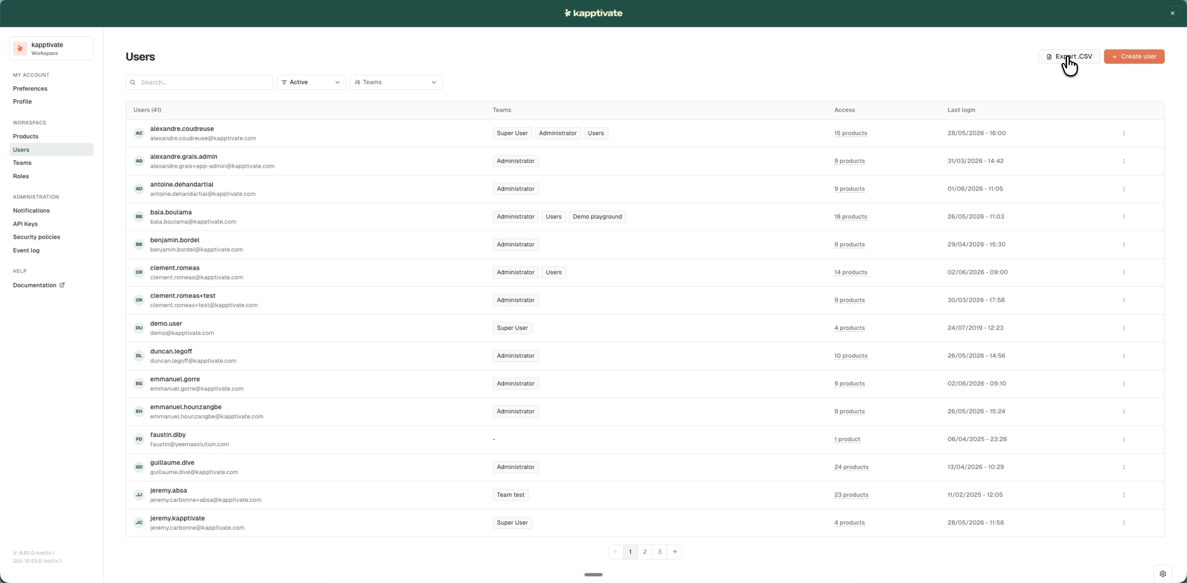 The Users admin list showing each user's name and email, their teams, the number of products they can access, and last login, with Export .CSV and Create user actions
