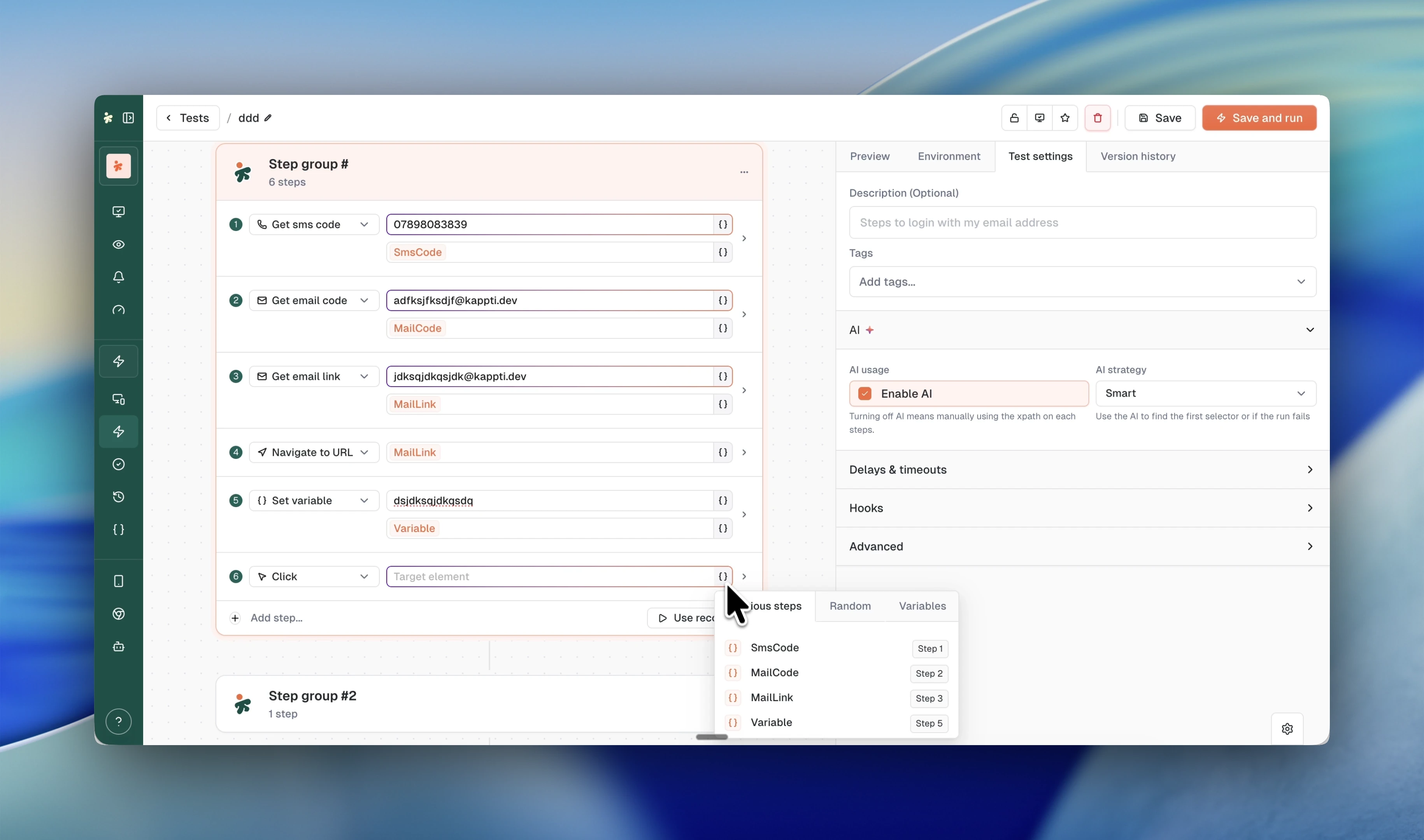 The variable picker open on a step field, with the Previous steps, Random, and Variables tabs