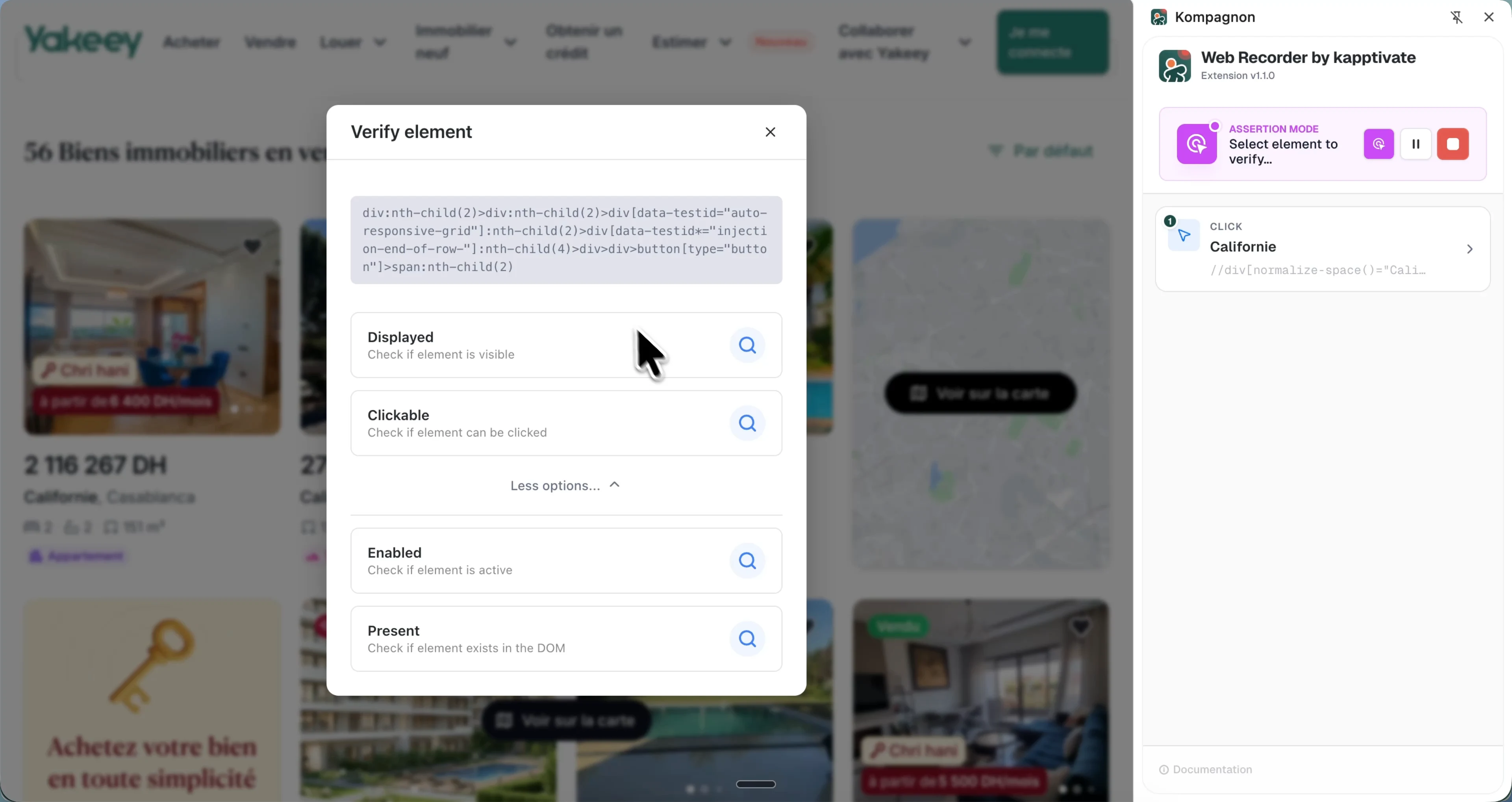The Verify element modal with Displayed, Clickable, and the expanded Enabled and Present options