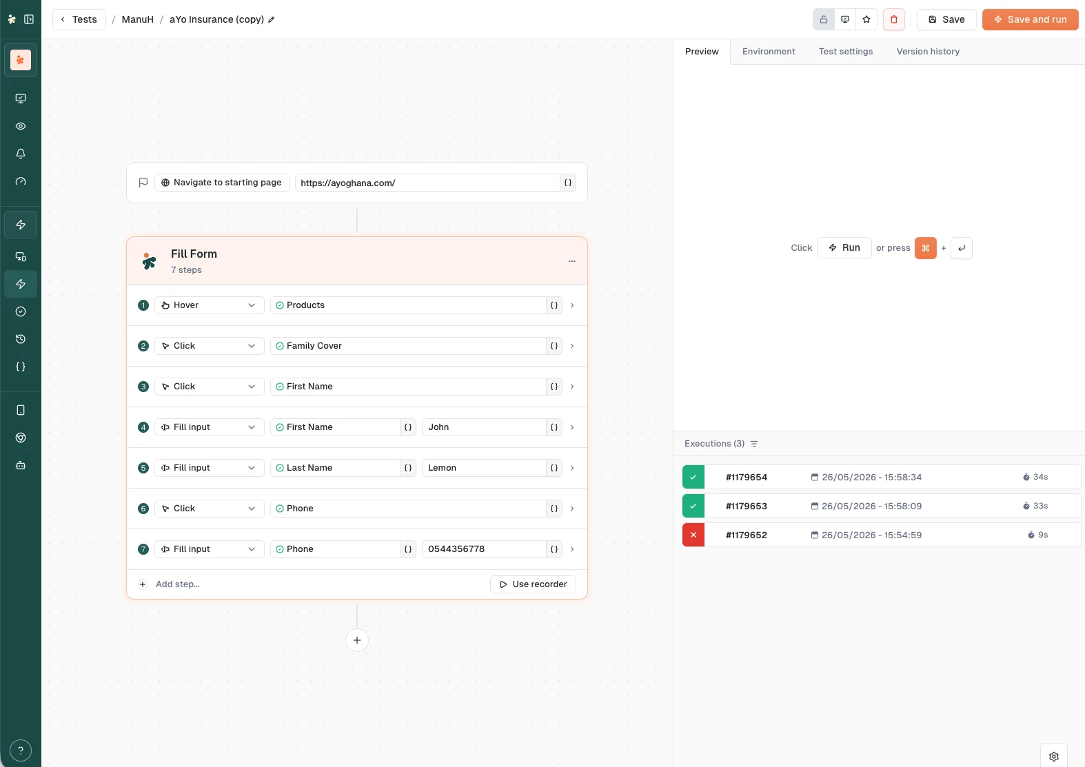 The web test builder: a Navigate to starting page action followed by a Fill Form step group with hover, click, and fill-input steps, plus a Preview/Run panel and recent executions